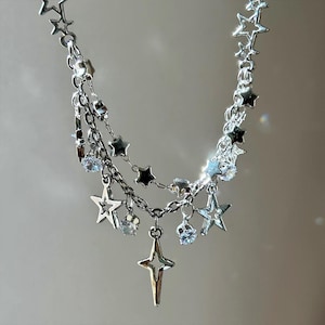 Star Necklace Silver Y2K Pearl Star Necklace Choker Star Sterling Silver Necklace Y2K Silver Necklace Goth Charm Minimalist Jewelry Gift