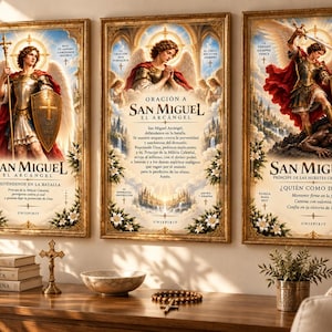 May include: Three rectangular framed wall art prints featuring Saint Michael the Archangel in gold frames. The left print shows the angel with a shield and staff, the centre print displays a prayer, and the right print depicts the angel defeating a demon.