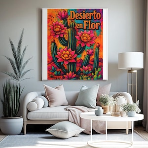 Desierto en Flor Poster - Lebendige Wüstenkaktus-Wandkunst, mexikanischer Südwesten Druck, buntes Blumenkaktus-Dekor, digitaler Download