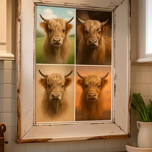 Highland Cow Wall Art Print – Farmhouse Animal Decor, Rustic Highland Cattle Portrait, Country Style Cow Art for Home or Nursery