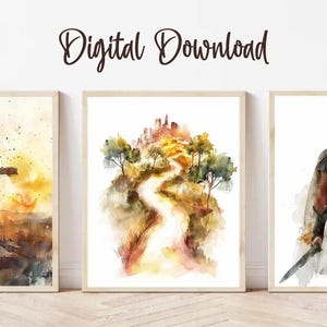 May include: Three framed watercolor art prints. The first depicts a person kneeling before a cross. The second shows a path leading to a castle. The third features a figure with a sword and shield. The text "Digital Download" is above the prints.