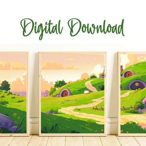 The Shire Wall Art | Fantasy Landscape Triptych | Hobbit-Inspired Panoramic Digital Download