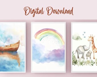 Noah's Ark Nursery Art Prints: Christian Watercolor Decor (Digital Download)