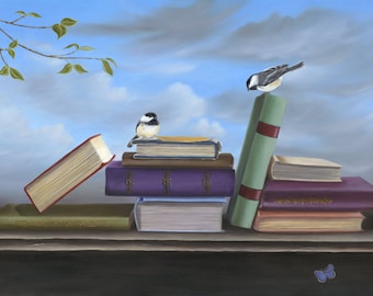 Birds and Books with Sky..Book Lovers #2 by Kimberly Fox...FINE ART PRINT on Canvas or Paper..surrealism...kids room...nursery art...library