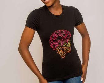 Vibrant Afrohead Woman Tee – Ankara Print Black T-Shirt, African Heritage Fashion, Bold Statement Top, Rhinestones embellishment T-shirt