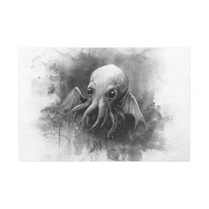 Black and White Baby Cthulhu Canvas Art Print, Gothic Wall Decor, Occult Home Accent, Horror Artwork, Unique Gift Idea