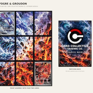 May include: A set of nine trading card inserts titled KYOGRE & GROUDON, featuring illustrations of water and fire elements. The assembly includes two character cards and seven landscape panels, with a matching card back displaying the Card Collective Trading Co. logo.
