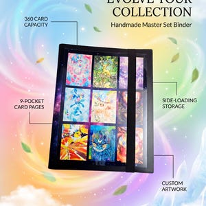 May include: A black card binder with a galaxy-themed cover featuring custom artwork. The binder includes 9-pocket card pages, side-loading storage, and a 360 card capacity. Text on the image reads: EVOLVE YOUR COLLECTION, Handmade Master Set Binder, 360 CARD CAPACITY, 9-POCKET CARD PAGES, SIDE-LOADING STORAGE, CUSTOM ARTWORK, and Card Collective Co.