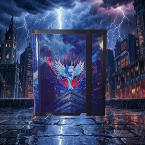 May include: A black card binder with a fantasy art design. The artwork depicts a winged creature in red, white, and blue against a cityscape. The background shows a stormy sky with lightning.