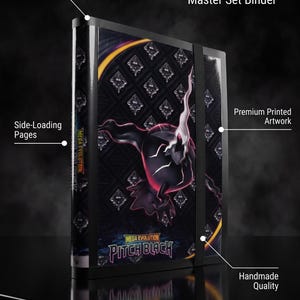 May include: A black trading card binder featuring premium printed artwork of a dark creature with white accents. The binder includes side-loading pages, a 540 card capacity, and a black elastic strap. Text reads: PROTECT YOUR MASTER SET, PITCH BLACK, MEGA EVOLUTION, and Card Collective Co.