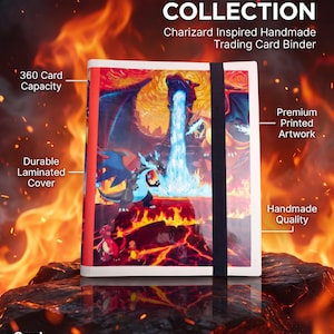 May include: A trading card binder with a laminated cover featuring Charizard artwork, a black elastic closure, and text stating: ORGANIZE YOUR COLLECTION, Charizard Inspired Handmade Trading Card Binder, 360 Card Capacity, Premium Printed Artwork, Durable Laminated Cover, Handmade Quality, Card Collective Co.