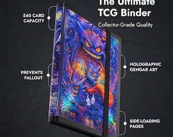 Álbum de cartas colecionáveis Gengar holográfico com abertura lateral para 540 cartas, item de colecionador feito à mão.