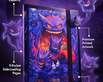 Álbum de cartas colecionáveis feito à mão com arte de fã do Gengar, 540 compartimentos, 9 bolsos, abertura lateral.