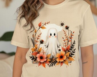 Cute Ghost Autumn T-Shirt,Digital, Halloween Spooky Season Fall Design,Floral Ghost Graphic Tee,Boo Crew,Autumnal Leaves,Ghost Lover Gift