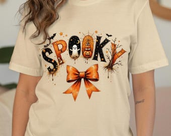 Spooky T-Shirt,Halloween Digital Art,Cute Ghost Design,Bat Star Art,Pumpkin Spider Web Design,Fall Ribbon Decor,Spooky Season Gift Idea