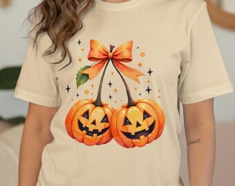 Pumpkin Duo T-Shirt Digital, Cute Halloween Pumpkins with Bow, Spooky Season Design, Jack O Lanterns Graphic, Autumn Fall Vibes