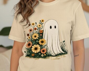 Cute Ghost T-Shirt, Floral Ghost Digital Print, Spooky Season Tee, Ghost and Flowers Art, Halloween Ghost Digital, Ghost Shirt