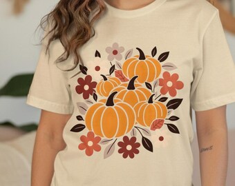 Autumn Pumpkins T-Shirt, Digital Print, Fall Floral Design, Thanksgiving Decor, Harvest Season, Festive T Shirt, Trendy Fall Aesthetic