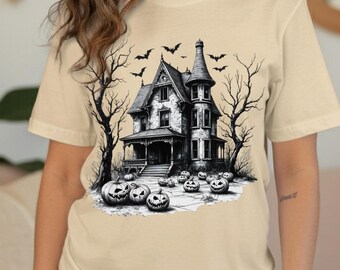 Haunted House T-Shirt,Halloween Digital Art,Gothic Mansion Graphic,Creepy Jack O Lantern,Bat Silhouette Shirt,Spooky Season Design
