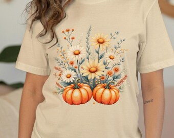 Pumpkin T-Shirt, Daisy Floral Fall Digital Art,Autumn T-Shirt,Flower Thanksgiving Decor,Orange Pumpkins Design Print,Thanksgiving Digital