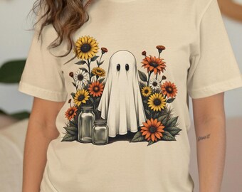Sunflower Ghost T-Shirt, Cute Digital Spooky Design, Floral Halloween Print, Ghost Graphic Tee, Autumn Vibes Shirt, Jar Art, Ghost Clipart
