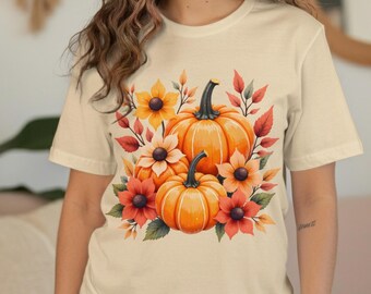 Pumpkin Flowers T-Shirt, Fall Digital Design, Autumn Graphic Tee, Thanksgiving Outfit, Seasonal Clipart, Harvest Digital Download