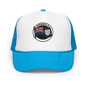 May include: A trucker hat with a white front panel and a bright blue brim and mesh back. The hat features a circular patch with the word "ANGUILLA" and a flag design.