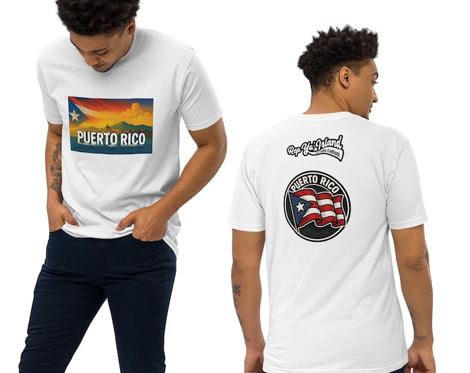 Puerto Rico T-Shirt – Caribbean Sunset Art Front + Flag Emblem Back | Rep Yo’ Island Tee