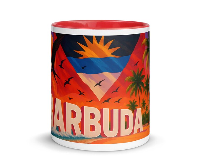 Barbuda Island Flag Mug – Red Inside 11oz Ceramic Cup – Tropical Frigatebird Design