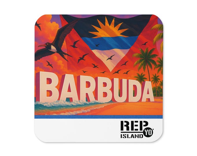 Barbuda Cork Coaster – Sunset Beach Scene with Flag – Rep Yo Island Caribbean