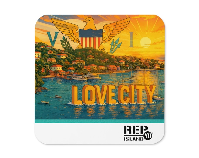 Love City Cork Coaster – St. John USVI Harbor Scene – Caribbean Island Home Decor