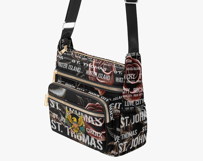 Rose on Black "Virgin Islands for Life" Multi-pocket Crossbody Bag