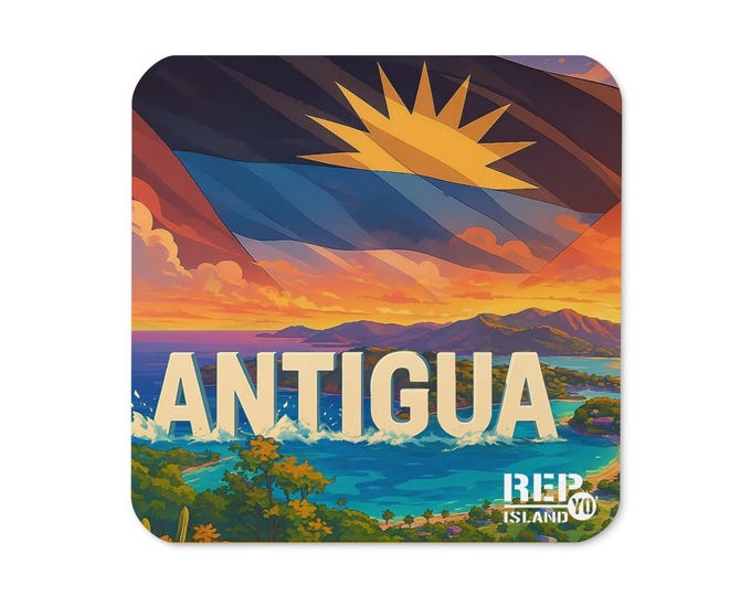 Antigua Sunset Cork Coaster – Caribbean Island Decor – Rep Yo Island