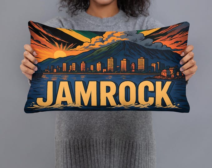 Jamrock Throw Pillow | Jamaica-Inspired Caribbean Decor | Island City Sunset Cushion | Rep Yo’ Island Vibes