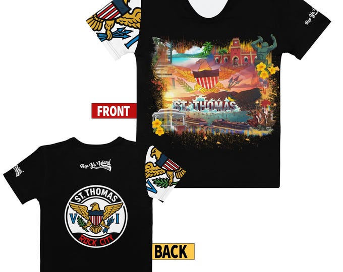 St. Thomas Women’s All-Over Graphic T-Shirt – VI Flag Sleeve & Island Collage Design