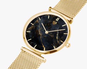V.I. For Life Midnight Gold Watch –Marble Stainless Steel Mesh Watch, Japanese Citizen Quartz