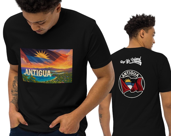 Antigua T-Shirt: Caribbean Island Flag Art, Bold Sunset Design