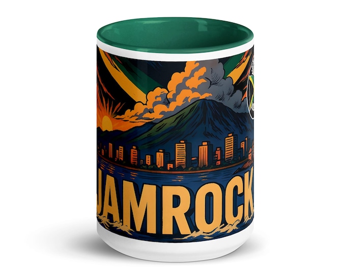 Jamaica Sunrise Coffee Mug: Green Interior, Island Vibes Ceramic Cup