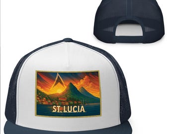 St. Lucia *Trucker* Hat – Pitons Sunset Mesh Cap with Island Flag Art