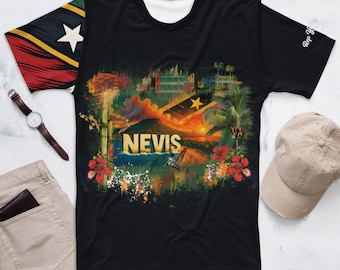 Nevis Men's Heritage Shirt – Tee Featuring Island Landmarks & Flag Design