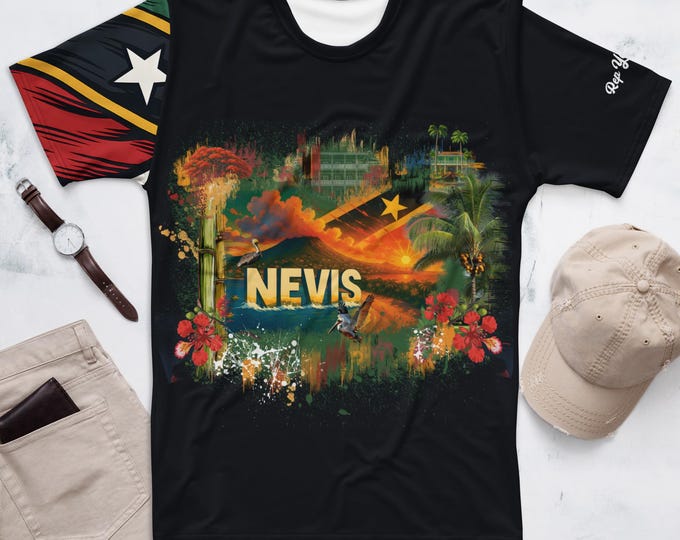 Nevis Men's Heritage Shirt – Tee Featuring Island Landmarks & Flag Design