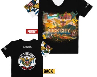Rock City USVI Women’s All-Over Print Tee – St. Thomas VI Flag Sleeve