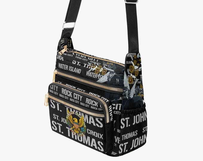 Black and Gold Floral ”Virgin Islands For Life”  Multi-pocket Crossbody Bag