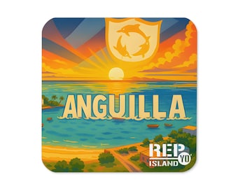 Anguilla Sunset Cork Coaster – Caribbean Pride – Rep Yo Island Drink Mat
