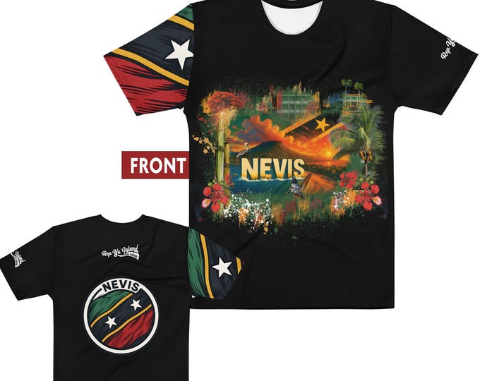Nevis Men's Heritage Shirt – Tee Featuring Island Landmarks & Flag Design