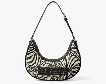 VI Wild Side Crescent Shoulder Bag – Black Cream Zebra PU Leather Handbag Everyday Purse