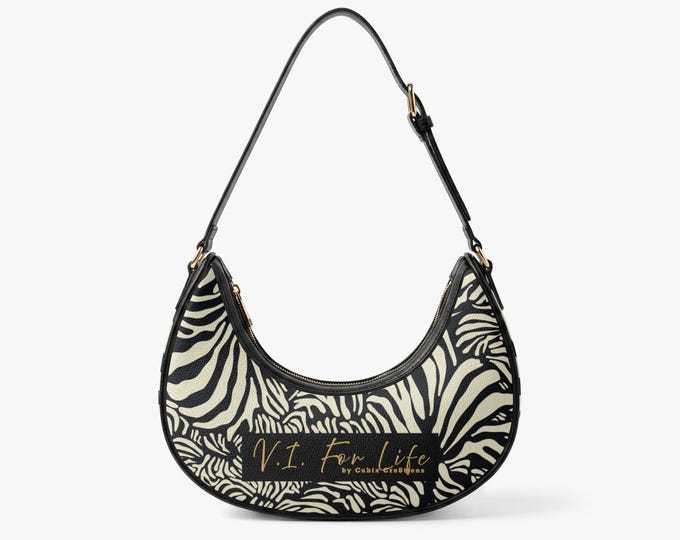VI Wild Side Crescent Shoulder Bag – Black Cream Zebra PU Leather Handbag Everyday Purse