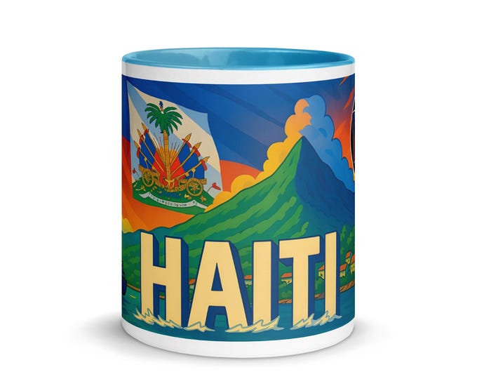 Haiti Colorful Ceramic Mug – Blue Interior | Vibrant Island Sunrise Design | 11oz & 15oz Gift
