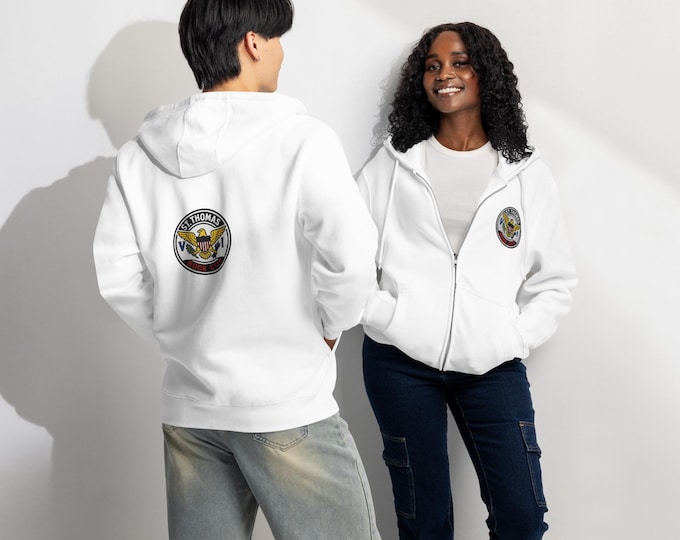 St. Thomas Rock City Embroidered Zip Hoodie – USVI Flag Emblem Front & Back