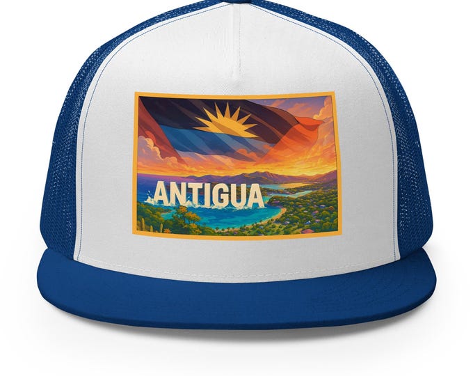 Antigua *Trucker* Hat – Sunset Island Flag Mesh Cap – Caribbean Landscape Hat